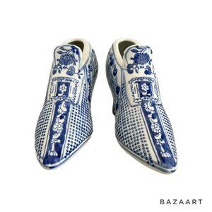 Blue & White Ceramic Dutch Delftware Shoe Figurines With Floral Pattern